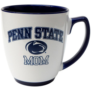white mug with navy inside and handle, arched Penn State over Athletic Logo and Mom